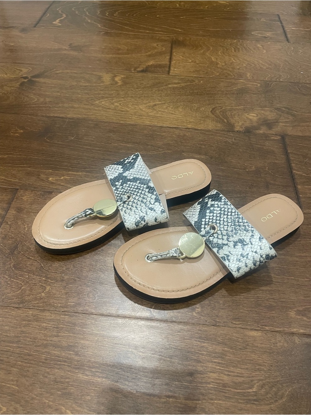 Aldo Black & White Snake-Print Toe-Ring Slides with Gold Accent